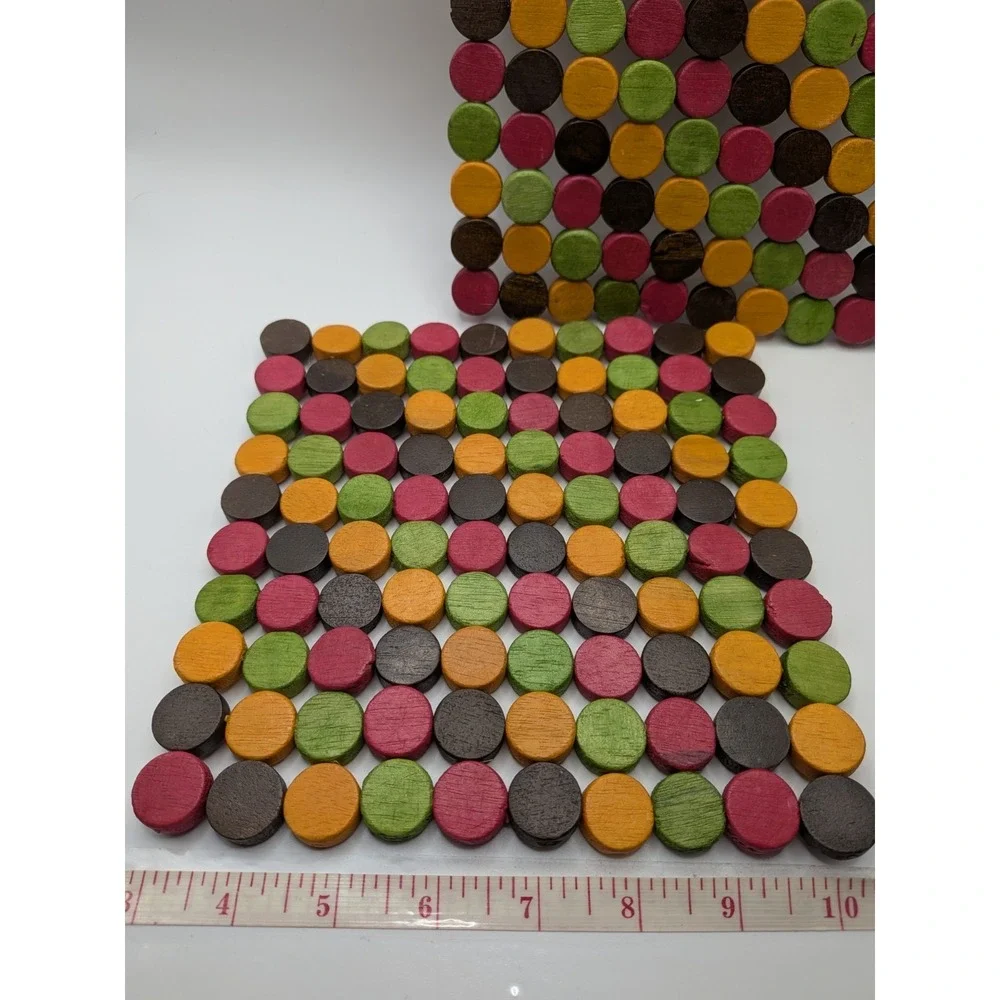 Wooden Bamboo Beaded Trivets Colorful Grannycore‎ Pot Holders 7 In X 7 In Boho